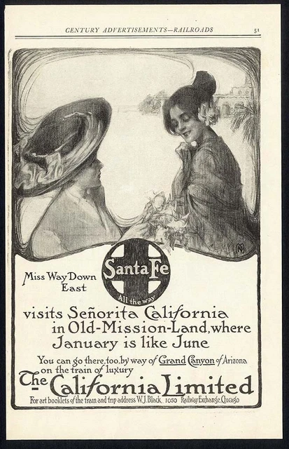 SANTA FE Train CALIFORNIA Limited Ad 1911 Spanish Senorita in Mission Land