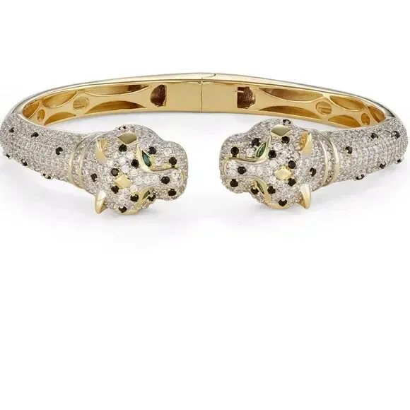 Designer FZN 14k gold plated 925 sterling silver cz panther cuff bangle bracelet