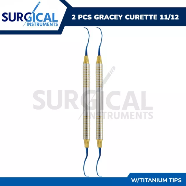 2 Pcs Dental Gracey Curettes 11/12 Titanium Coated Double Ended Hollow Handle