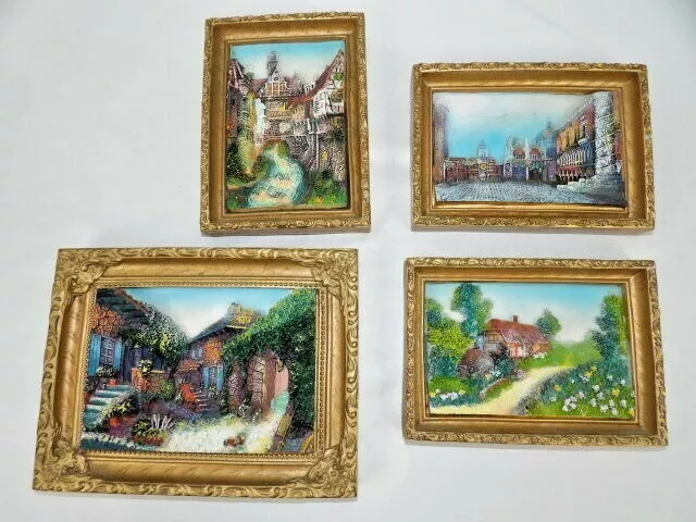 Vintage Texture Sculpted Painted Italian City-Landscapes Set of 4 Small w/gold