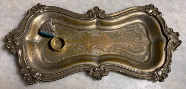 Victorian Nouveau Nickel Brass Ornate Embossed Ring Jewlery Jewelry Dish Tray!