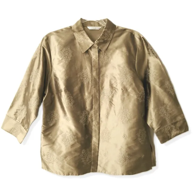 Preston York Gold Silk Blouse Sz M Embroidered Neutral Over Shirt Shantung