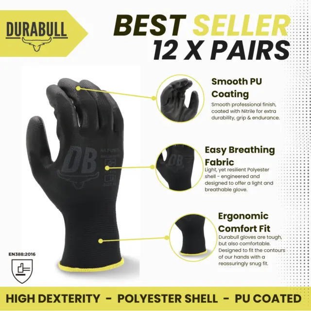 Safety Work Gloves x 12. Polyester Shell & PU Coated. Breathable & Ergonomic