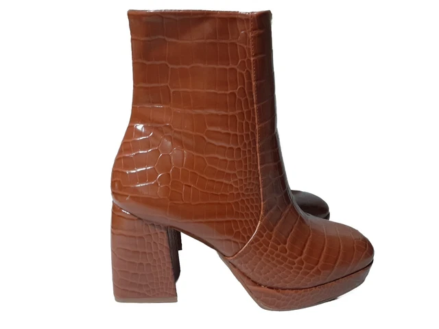 Latch croc embossed top block heel boot