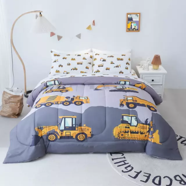 Cokouchyi 4-Pcs Construction Kids Bedding Set for Boys, Twin Size Comforter Set