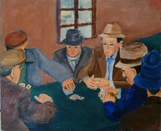 Dipinto Olio Su Tavola - Gruppo Al Tavolo, Gioca A Carte.