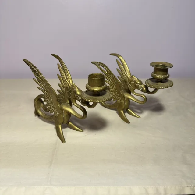 Pair Brass Phoenix Dragon Holder Griffin Candle Sticks Gryphon Antique Vintage