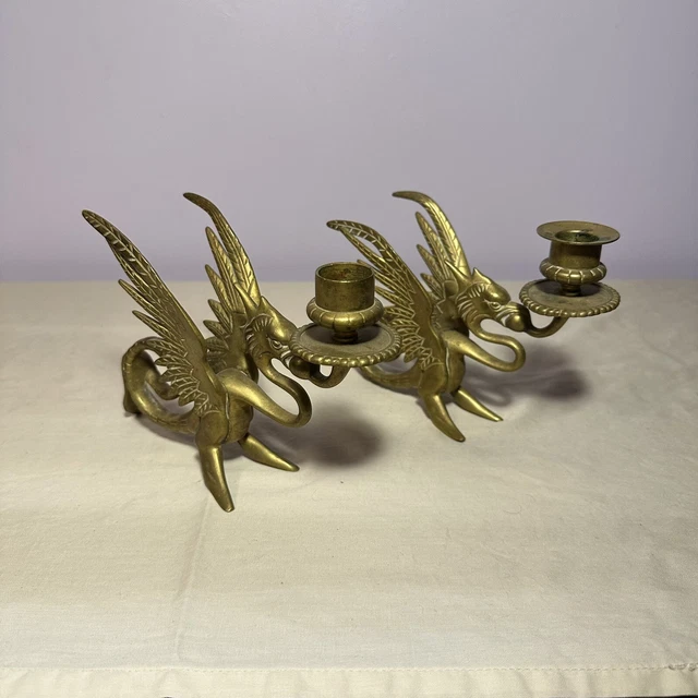 Pair Brass Phoenix Dragon Holder Griffin Candle Sticks Gryphon Antique Vintage Pair Brass Phoenix Dragon Holder Griffin Candle Sticks Gryphon Antique Vintage