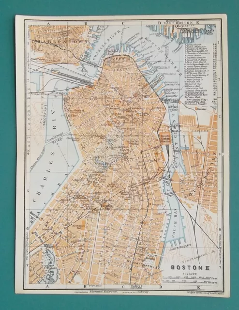 BOSTON Town Center Plan Massachusetts - 1909 MAP Baedeker 6 x 8" (15 x 20 cm)