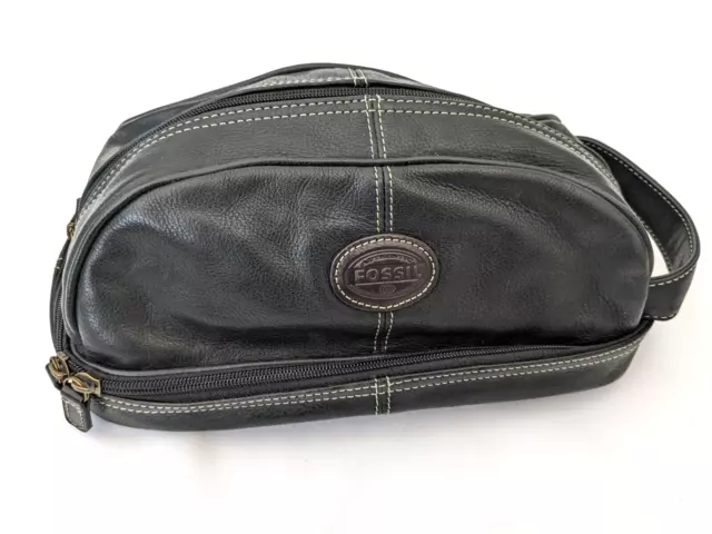 Fossil Toiletry Bag Mens Black Leather Shave Travel Case Wash Bag Zip Pocket Vtg