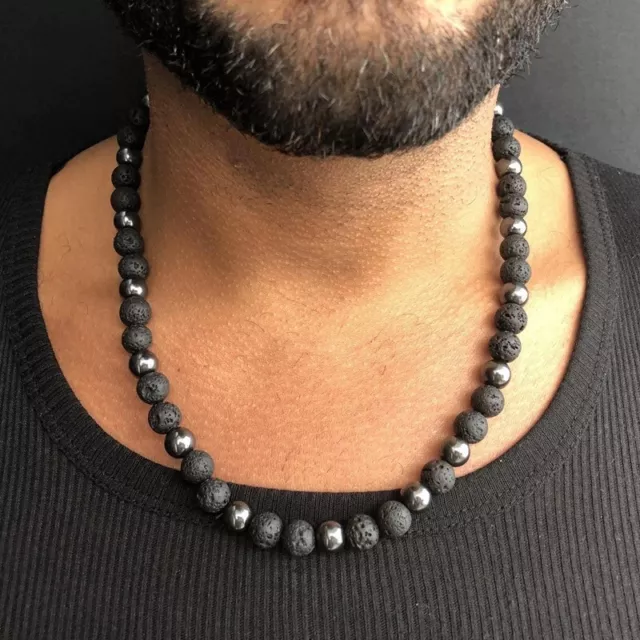 Collier de perles pierre de Lave et Hématite pour Homme