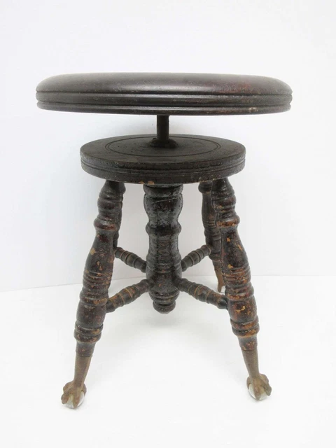 Antique Swivel Wood Piano Stool Claw Foot Glass Ball Feet Leather Seat
