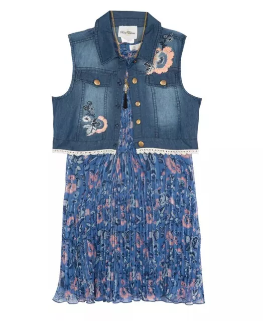 Rare Editions BLUE Girls Pleated Floral Dress & Denim Vest, 2 Piece Set, US 12