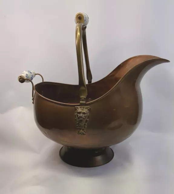 Copper Coal Scuttle Bucket Porcelain Handles Mid Century