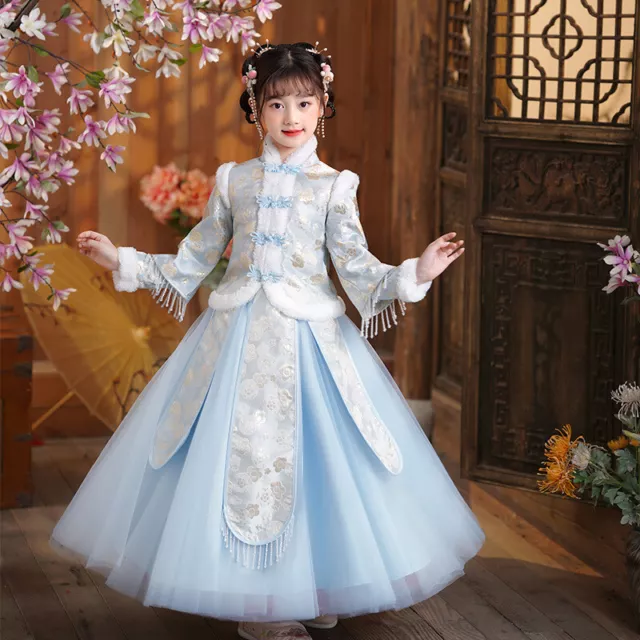 Girls New Year Dress Chinese Hanfu Fleece Lined Embroidered Tang Suit Thick Cute