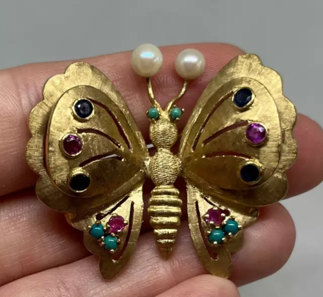 Vintage 14k Ruby, Sapphire, Pearl, Turquoise Butterfly Brooch SIGNED RJ