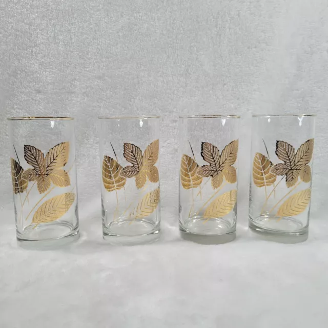 4 Vintage Libbey Frosted Glass Gold Leaf Tumblers Glasses Set Of Four