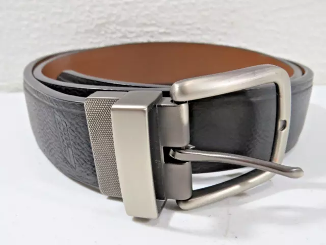 Dickies Black Brown Reversible Leather Belt Mens 38 Silver Tone Buckle