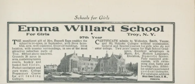 1910 Emma Willard School For Girls Troy NY Anna Leach Principal Vtg Print Ad CO2