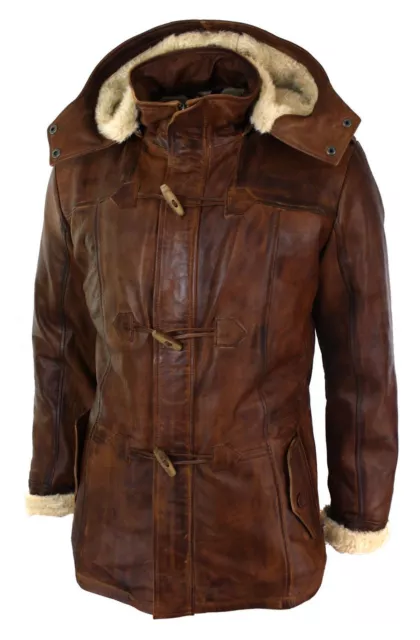 Mens Brown Duffle Over Coat Trench Hooded Long Genuine Sheepskin Leather Jacket