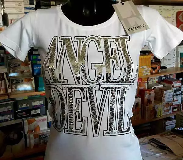 T-shirt maglia donna Angel Devil girocollo con logo in paillettes art TD400