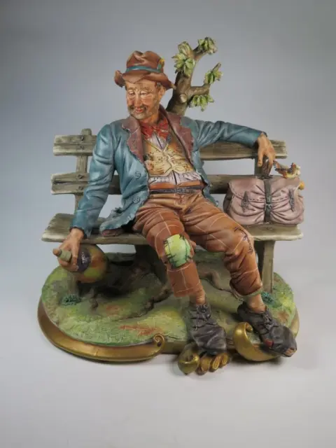 LARGE CAPODIMONTE PORCELAIN Figurine Tramp Hobo on Bench SIGNED VOLTA