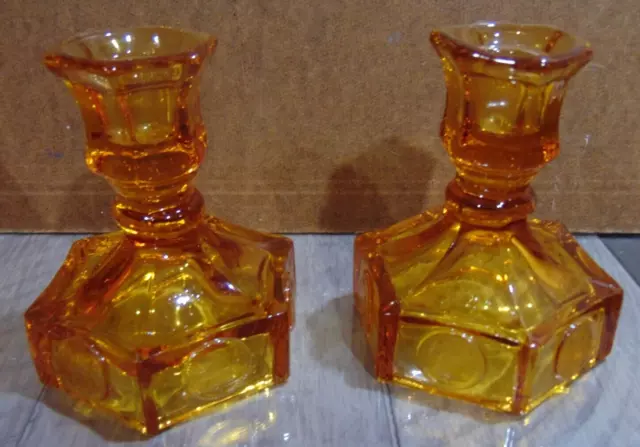 2 Fostoria Amber Coin Glass Candle Holders candlestick Holders 4 3/4" GORGEOUS