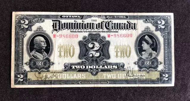 Banknote Dominion Of Canada 1914 $2 Large Two Dollars # M-986600