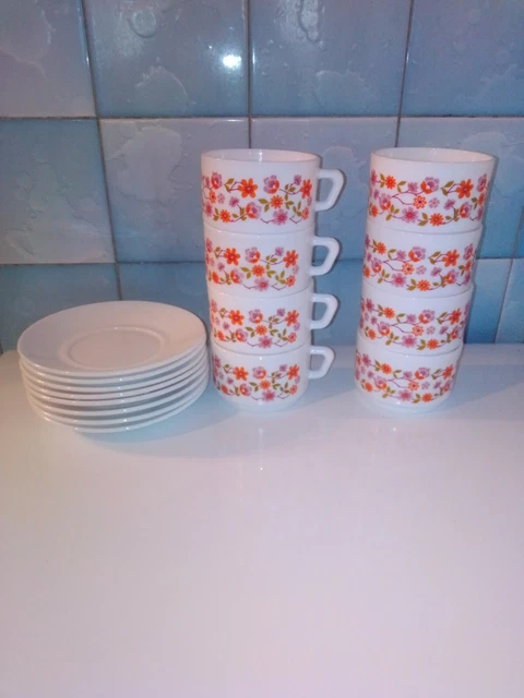 Lot de 8 bols à chocolat motif Scania fleur orange vintage arcopal