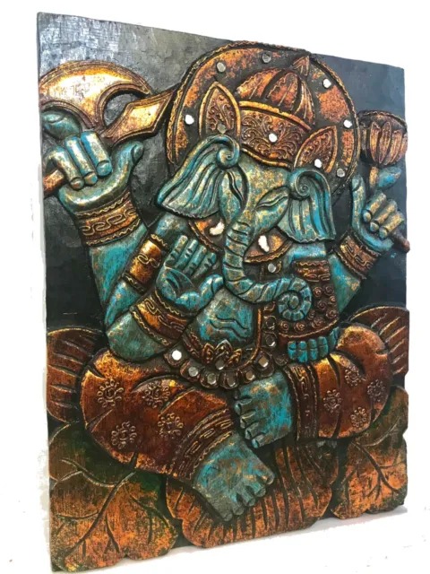 Blue Lotus Pose Ganesha Hindu God Wall Art Panel Hand Carved Wood Balinese art