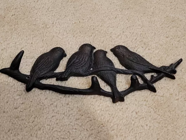 Vintage Cast Iron/Metal Birds on Tree Branch w/3 Hooks-Wall Mount 11" x 4"