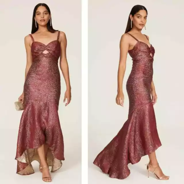 Monique Lhuillier Metallic High Low Maxi Gown 2 Red NWT $595