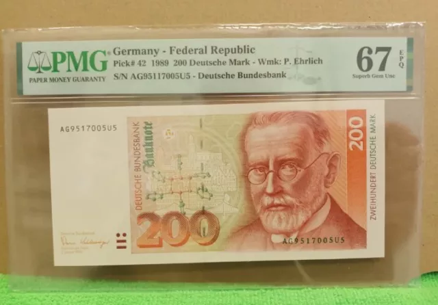 200 Deutsche Mark Schein 1989 *Bankfrisch* 67 PMG EPQ UNC .Für sammler