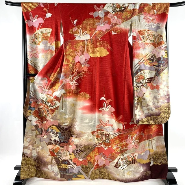 Japanese kimono SILK"FURISODE" long sleeves, Gold thread/leaf,Bridge,L65"..2893