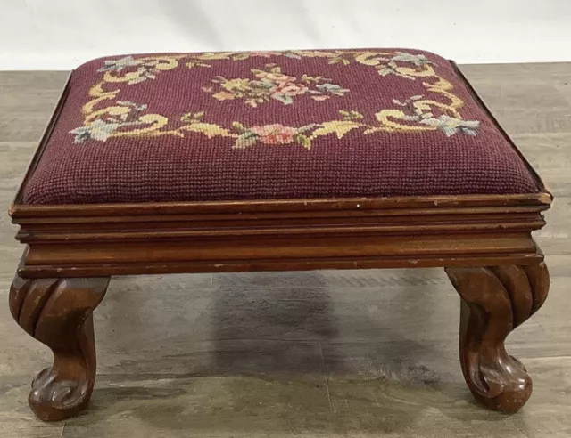 Antique Needlepoint Carved Footrest Cabriole Legs Beautiful