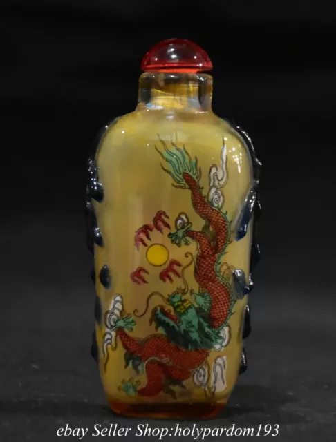 3.6" Old Chinese Glass Inner Painting Dragon Snuff box Snuff bottle