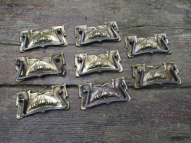 Set of 8 Antique Art Nouveau Era Brass Furniture Handles Drawer Cupboard Handles