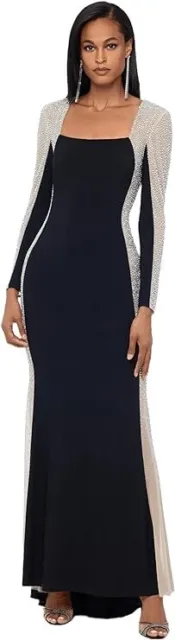 Xscape Black Nude Silver Crystal Beaded Long Sleeve Gown Size 16P $309