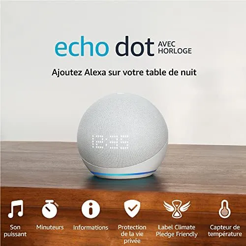 Echo Dot avec horloge (5e génération, modèle 2022) | Enceinte connectée Bluetoot