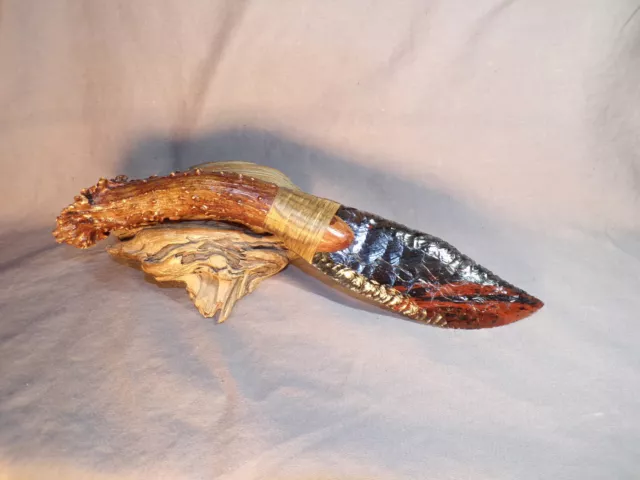 Large Triple Flow Obsidian Drop Point Knife Flint Knapping Black Powder COA