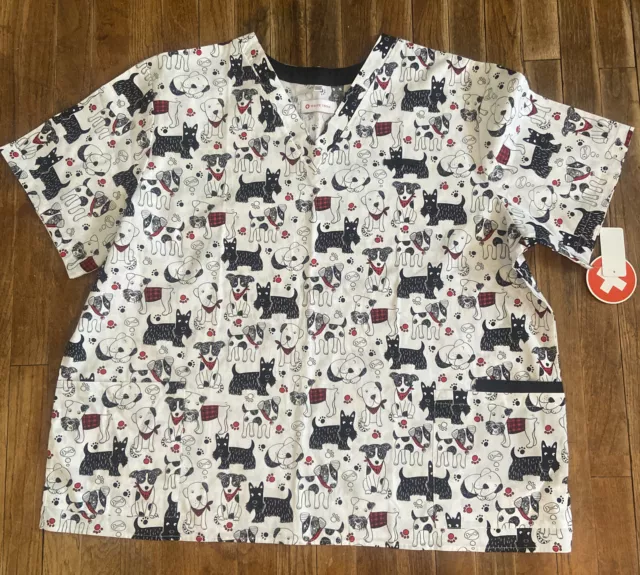 Women’s White Cross 3XL Dog Print V-Neck 3 Pocket Scub Top. New With Tags.