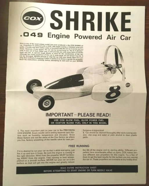 Cox Shrike .049 Engine Powered Car Owner's Manual Instructions 049