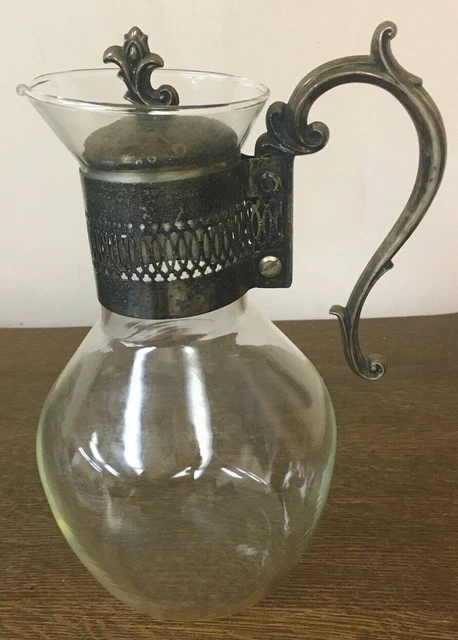 Glass Coffee Decanter Carafe w/ Silver Stopper Decorative Band Handle
