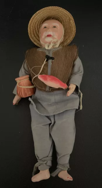 Antique Chinese Character Doll Fisherman Composition Head, Face, Hands