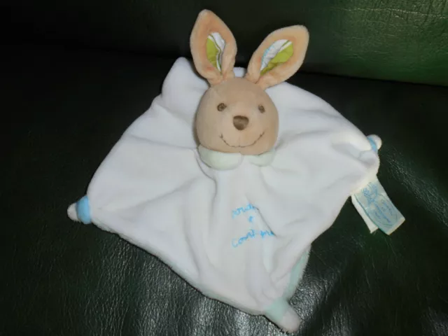 Doudou Et Compagnie Lapin Plat Blanc Blanc Bleu Vert Oreilles Rayées