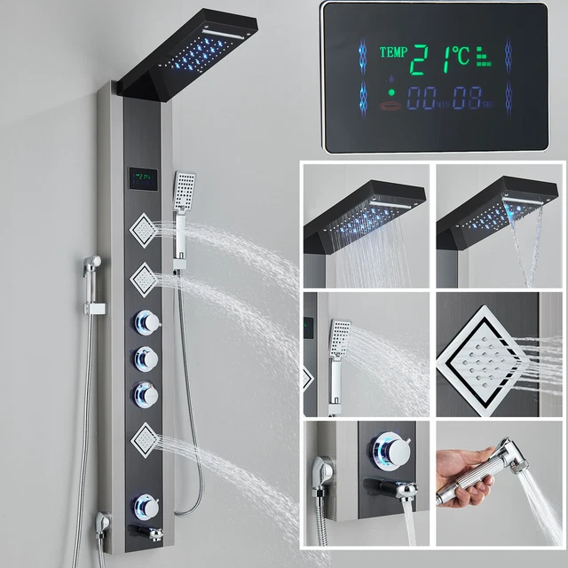 Unterputz Duschsystem Mit Handbrause & LED-Thermostat – Regendusche, Wasserfall, Silber, 50x22x3 Cm, Aus Edelstahl & Messing