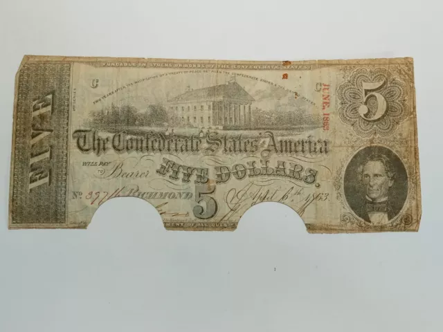 1863 $5 Five Dollar Confederate States of America Cancelled (C45)