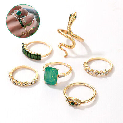 Juego de 6 anillos de serpiente de lujo verde estrás para mujer vintage de cristal JeweQl
