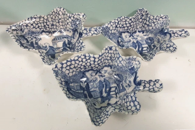 Antique White & Blue Transferware Adams Chinese bird leaf pickle dishes x3