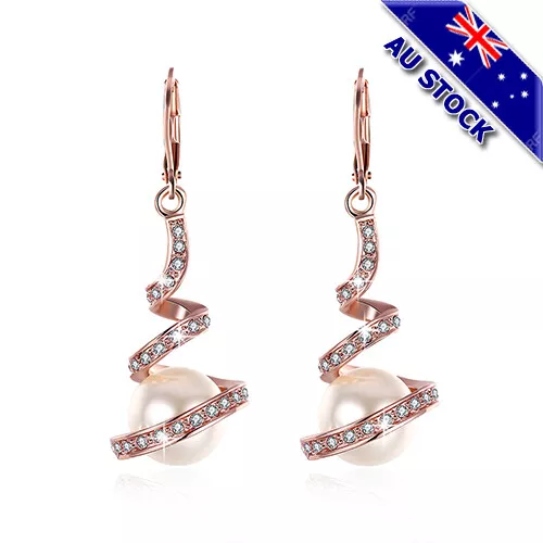 18K Rose Gold Filled Clear Cubic Zirconia Crystal Big Pearl Earrings Gift